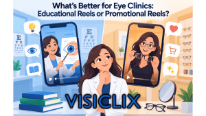 Flat vector illustration showing an optometrist comparing two types of short-form reels for an eye clinic: one focused on patient education and eye-care explanation, and the other focused on promoting eyewear and clinic offerings.