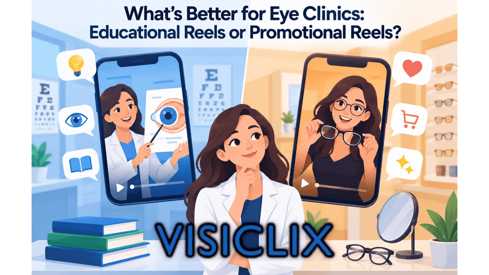 Flat vector illustration showing an optometrist comparing two types of short-form reels for an eye clinic: one focused on patient education and eye-care explanation, and the other focused on promoting eyewear and clinic offerings.