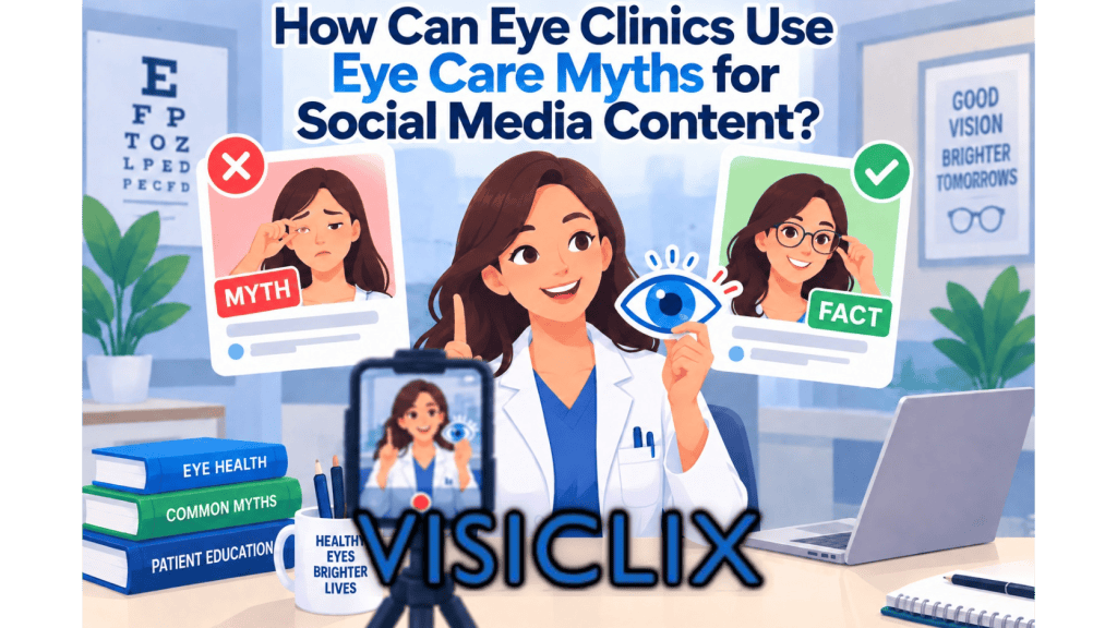 Flat vector illustration of an eye-care professional recording social media content about eye care myths, with myth and fact cards, an eye prop, clinic elements, and a smartphone recording setup.