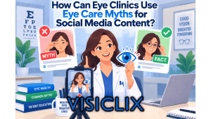 Flat vector illustration of an eye-care professional recording social media content about eye care myths, with myth and fact cards, an eye prop, clinic elements, and a smartphone recording setup.
