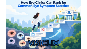 Flat vector illustration showing an eye-care professional climbing search-result steps from common eye symptom icons toward a highlighted eye clinic, representing how symptom-focused content can help clinics rank higher in search.