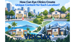 Flat vector illustration showing four eye clinic locations in different settings — urban, suburban, coastal, and snowy mountain — connected by paths and location pins, representing unique content for each clinic location.