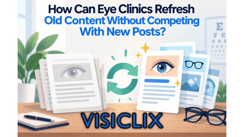 Flat vector illustration showing old eye-care content documents being refreshed into updated, polished content pages, with a refresh symbol, eye-care visuals, glasses, and clinic elements.