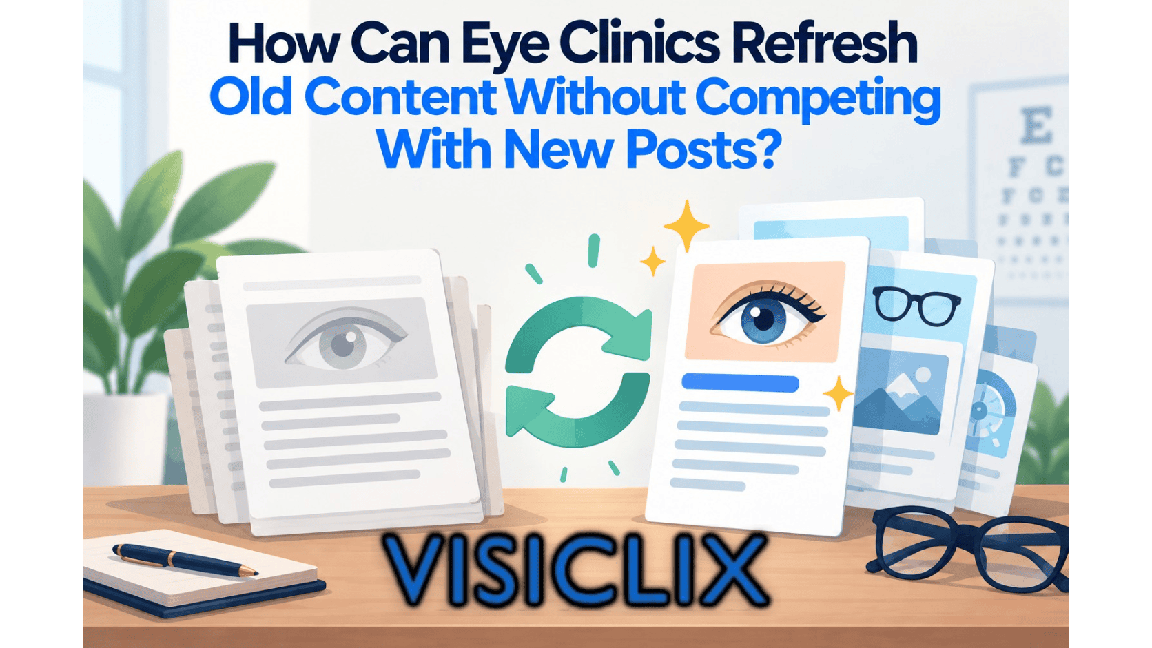 Flat vector illustration showing old eye-care content documents being refreshed into updated, polished content pages, with a refresh symbol, eye-care visuals, glasses, and clinic elements.