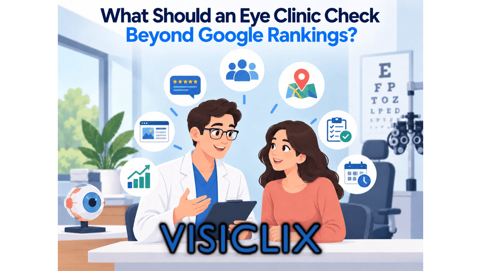 Flat vector illustration of a male eye doctor speaking with a female patient in an eye clinic, surrounded by icons for reviews, patients, location, website quality, growth, appointment timing, and checklist items beyond Google rankings.