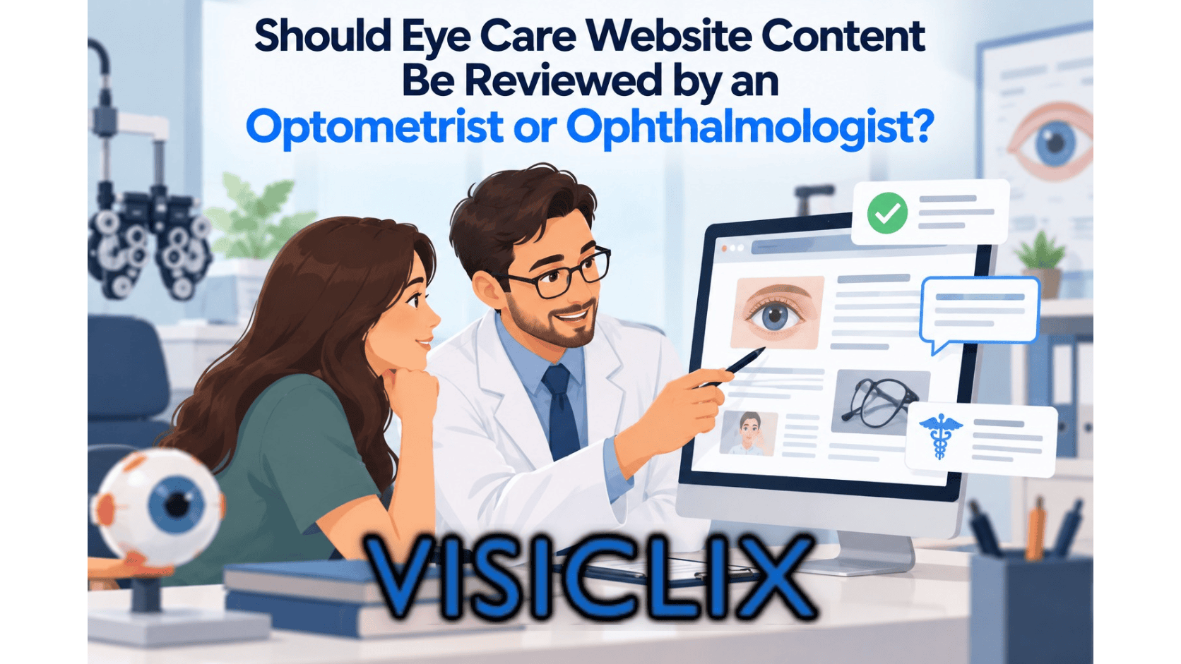 Flat vector illustration of an eye-care professional reviewing website content with a colleague in an eye clinic, showing clinical review, content accuracy, and medical validation for eye-care information.