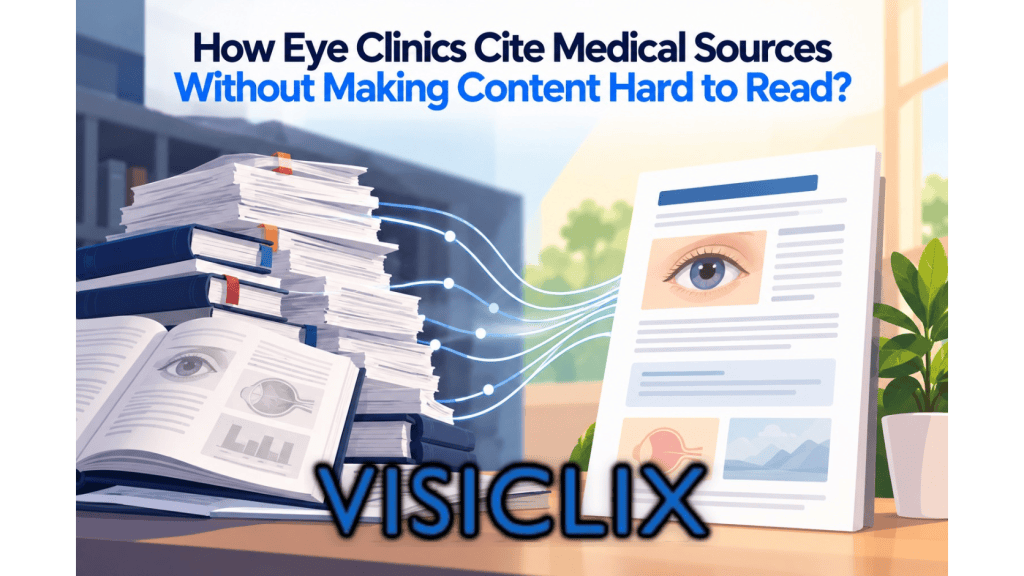 Flat vector illustration showing stacks of medical books and research papers connected by citation lines to a clean, easy-to-read eye-care article page, representing medical sourcing made reader-friendly.