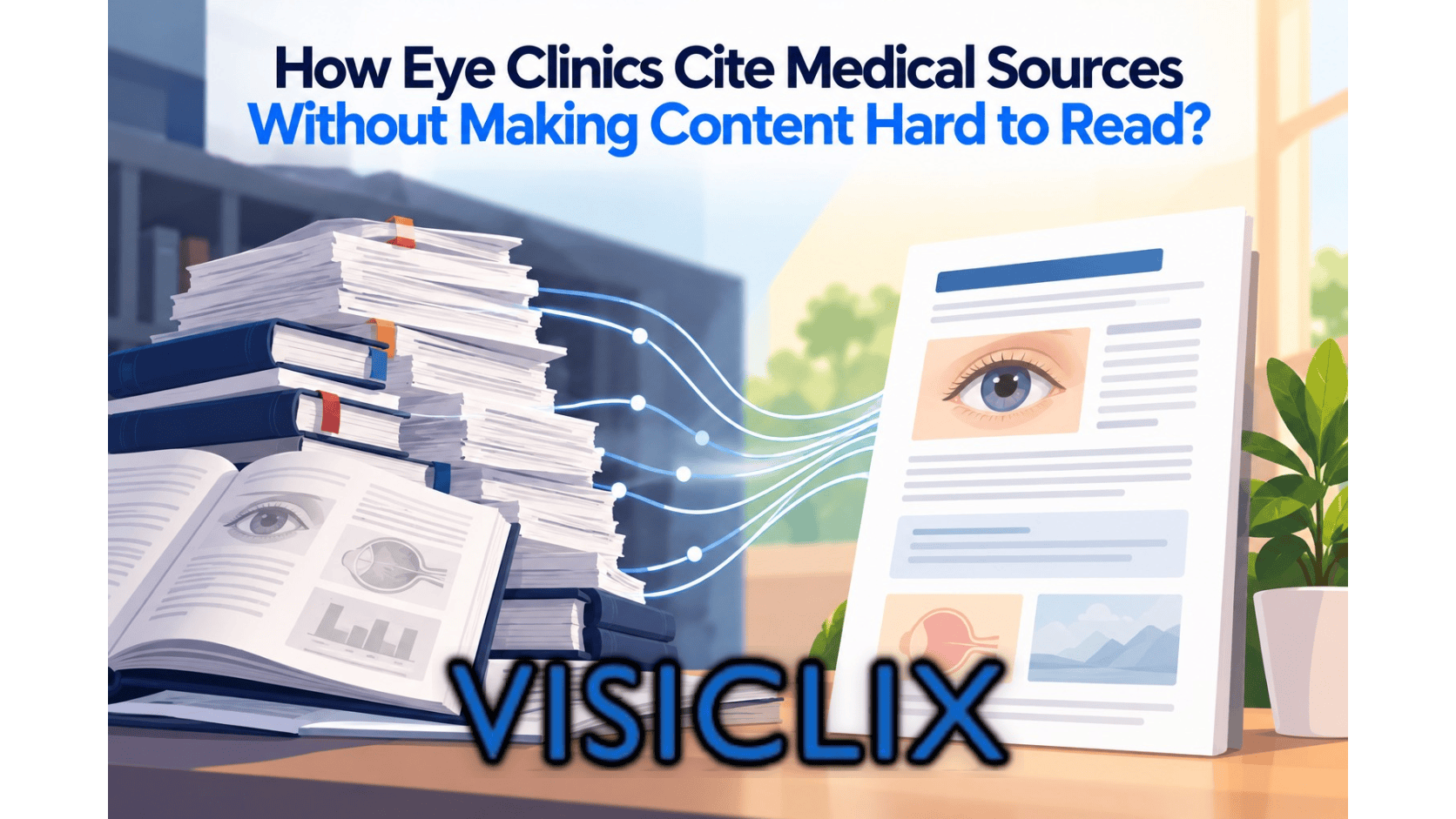 Flat vector illustration showing stacks of medical books and research papers connected by citation lines to a clean, easy-to-read eye-care article page, representing medical sourcing made reader-friendly.