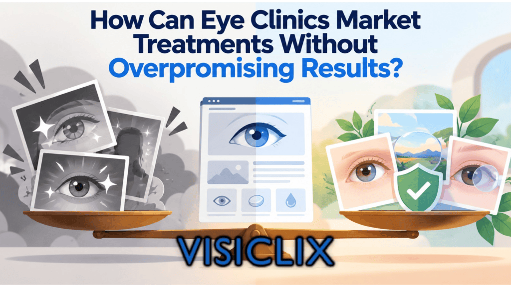 Flat vector illustration showing eye-clinic treatment marketing balanced on a scale, with exaggerated eye-ad visuals on one side and calm, trustworthy treatment visuals with a shield on the other.