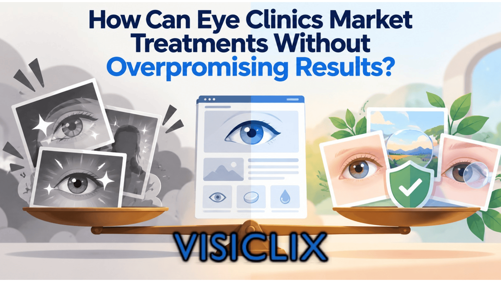 Flat vector illustration showing eye-clinic treatment marketing balanced on a scale, with exaggerated eye-ad visuals on one side and calm, trustworthy treatment visuals with a shield on the other.