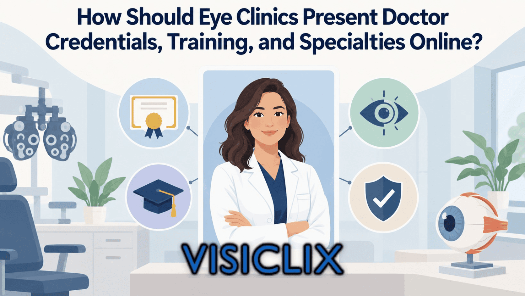 Flat vector illustration showing an eye doctor profile card surrounded by visual icons for credentials, training, specialties, trust, and eye-care expertise inside a modern clinic setting.