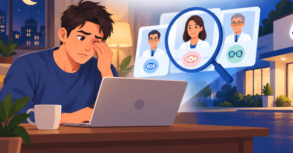 Flat vector illustration showing a young man with an irritated eye searching online at night for after-hours eye care, with eye doctor options and a warmly lit eye clinic nearby.