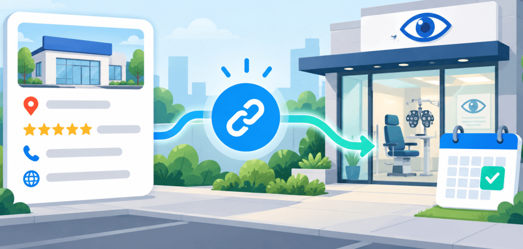 Flat vector illustration showing a Google Business Profile-style listing connected by a booking link to an eye clinic and appointment calendar, representing how patients can move from local search to scheduling an eye exam.