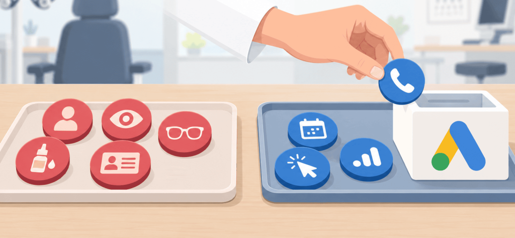 Flat vector illustration showing two trays separating sensitive eye-care patient information, represented by red icons, from general marketing activity, represented by blue icons, with a hand placing a phone-call symbol into a Google Ads container.