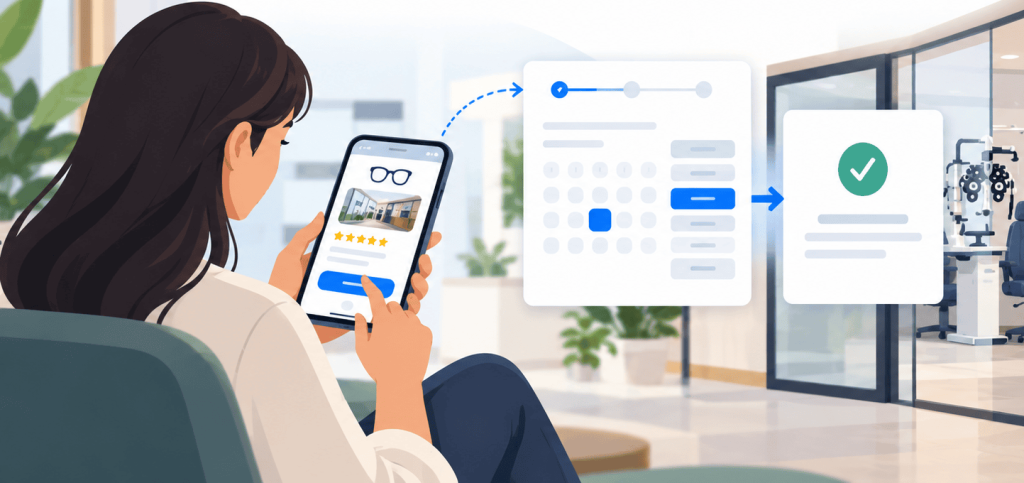 Flat vector illustration showing a patient using a smartphone to move through an online booking flow, from choosing an eye clinic to selecting an appointment time and receiving confirmation, with a modern eye clinic in the background.