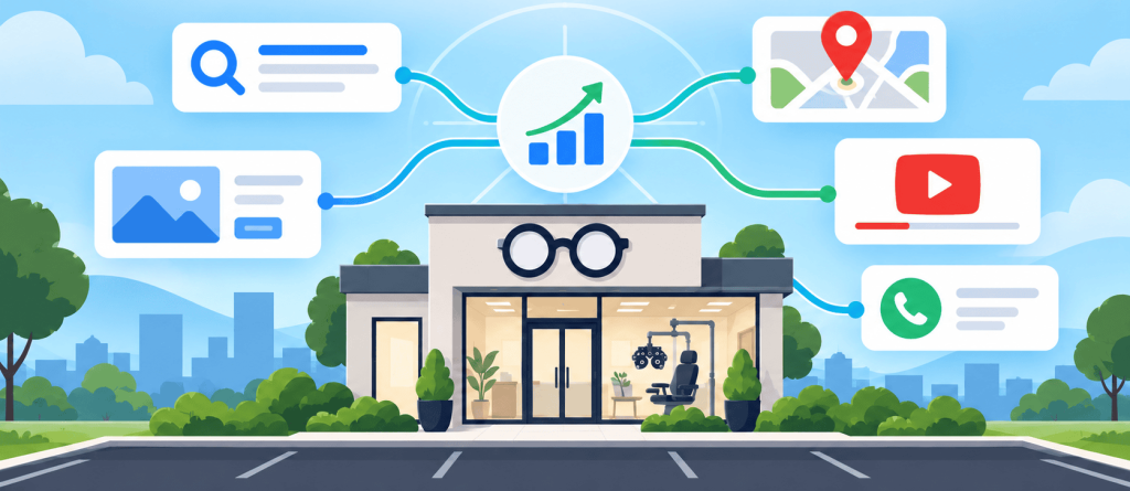 Flat vector illustration showing an optometry clinic storefront connected to multiple Google Ads-style channels, including search, maps, video, calls, and image-based ads, with an AI-driven performance symbol in the center.