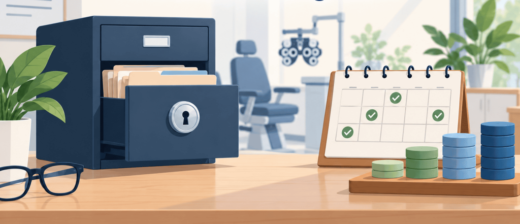 Flat vector illustration showing a secure cabinet holding confidential eye clinic patient records, alongside an appointment calendar and anonymous conversion counters, representing privacy-conscious marketing measurement.