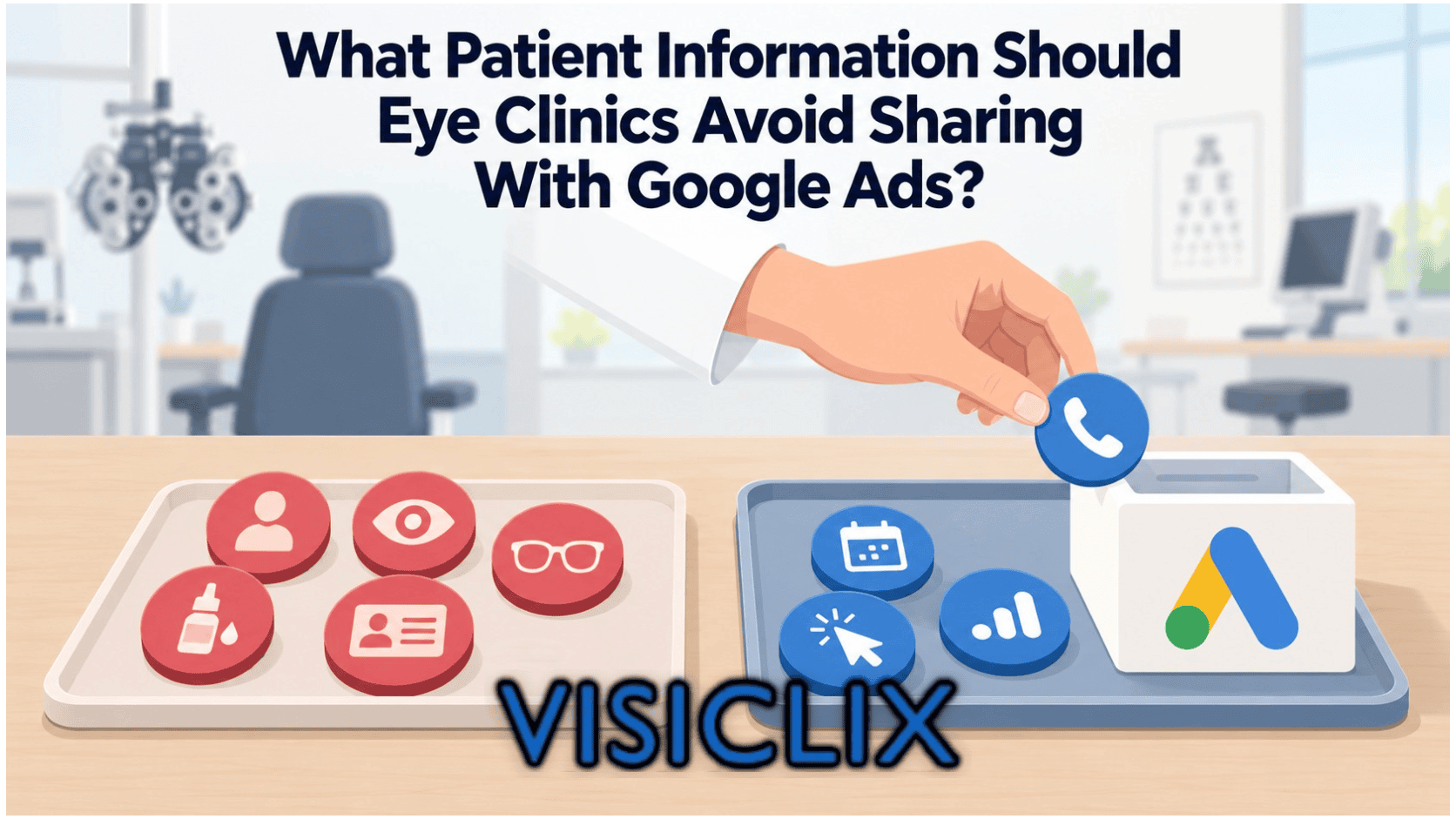 Flat vector illustration showing two trays separating sensitive eye-care patient information, represented by red icons, from general marketing activity, represented by blue icons, with a hand placing a phone-call symbol into a Google Ads container.