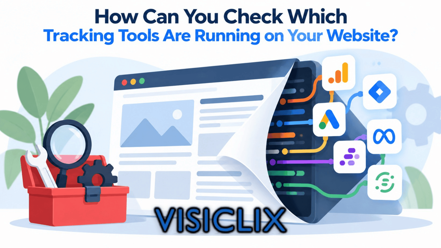 Flat vector illustration showing a website page peeled back to reveal hidden tracking scripts, connected to analytics and advertising tools, with an inspection toolbox and magnifying glass nearby.