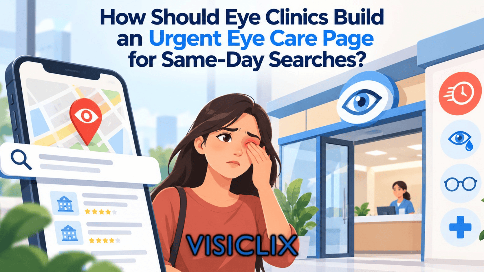 Flat vector illustration showing a patient with an irritated eye finding an urgent eye care clinic through same-day local search, with clinic, map, search, and eye-care symbols.