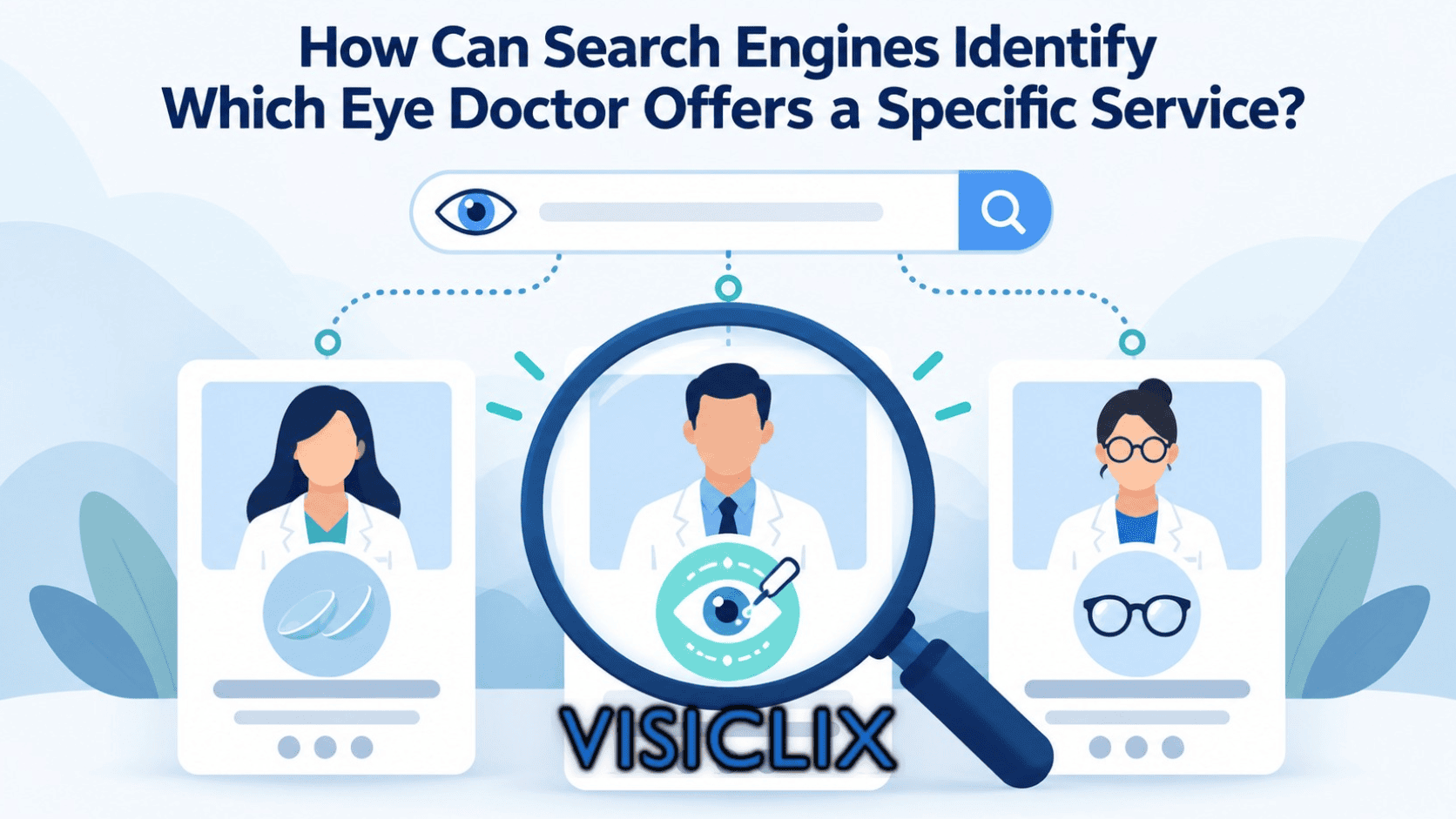 Flat vector illustration showing search engines matching different eye doctors to specific eye-care services, with doctor profile cards, service icons, and a magnifying glass highlighting the most relevant provider.