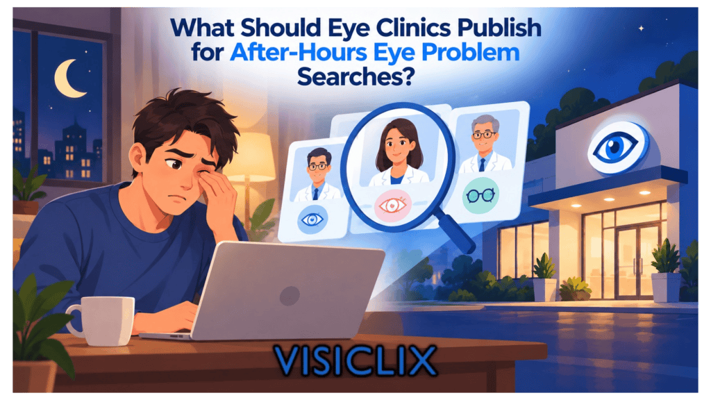 Flat vector illustration showing a young man with an irritated eye searching online at night for after-hours eye care, with eye doctor options and a warmly lit eye clinic nearby.