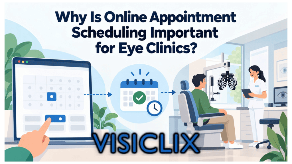 Flat vector illustration showing an online appointment scheduling flow, from selecting a time on a digital calendar to confirming an eye exam visit inside an eye clinic.