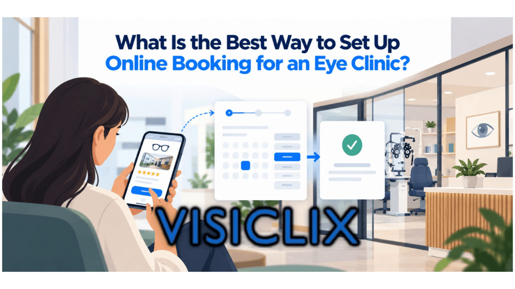 Flat vector illustration showing a patient using a smartphone to move through an online booking flow, from choosing an eye clinic to selecting an appointment time and receiving confirmation, with a modern eye clinic in the background.