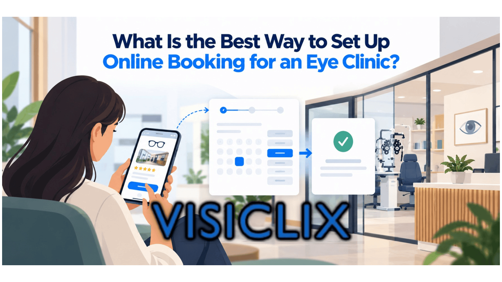 Flat vector illustration showing a patient using a smartphone to move through an online booking flow, from choosing an eye clinic to selecting an appointment time and receiving confirmation, with a modern eye clinic in the background.