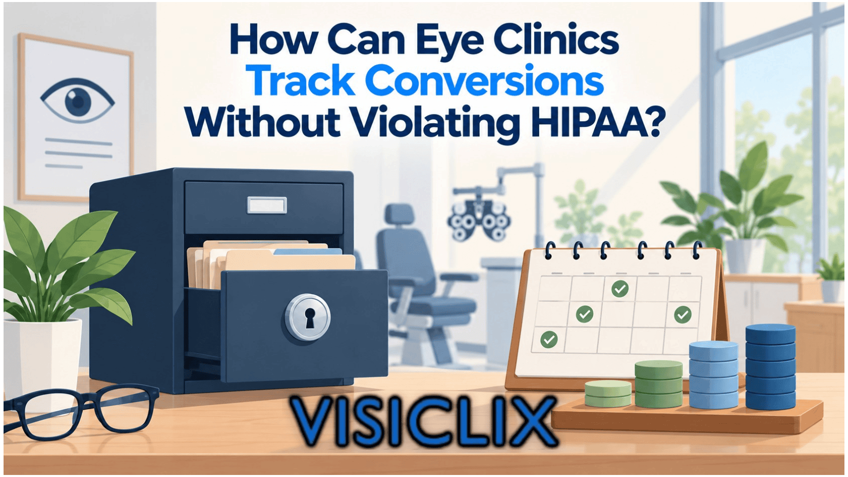 Flat vector illustration showing a secure cabinet holding confidential eye clinic patient records, alongside an appointment calendar and anonymous conversion counters, representing privacy-conscious marketing measurement.