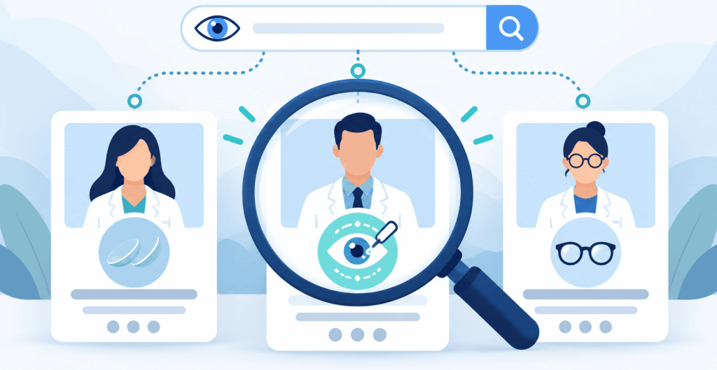 Flat vector illustration showing search engines matching different eye doctors to specific eye-care services, with doctor profile cards, service icons, and a magnifying glass highlighting the most relevant provider.