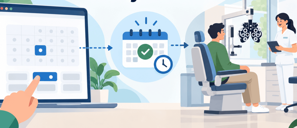 Flat vector illustration showing an online appointment scheduling flow, from selecting a time on a digital calendar to confirming an eye exam visit inside an eye clinic.