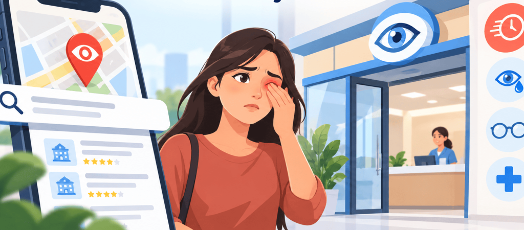 Flat vector illustration showing a patient with an irritated eye finding an urgent eye care clinic through same-day local search, with clinic, map, search, and eye-care symbols.