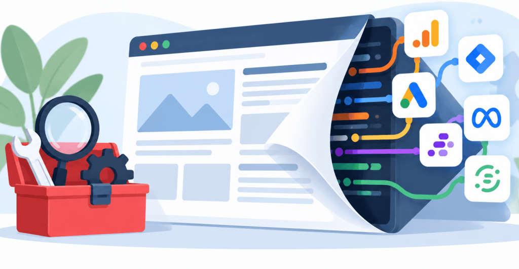 Flat vector illustration showing a website page peeled back to reveal hidden tracking scripts, connected to analytics and advertising tools, with an inspection toolbox and magnifying glass nearby.